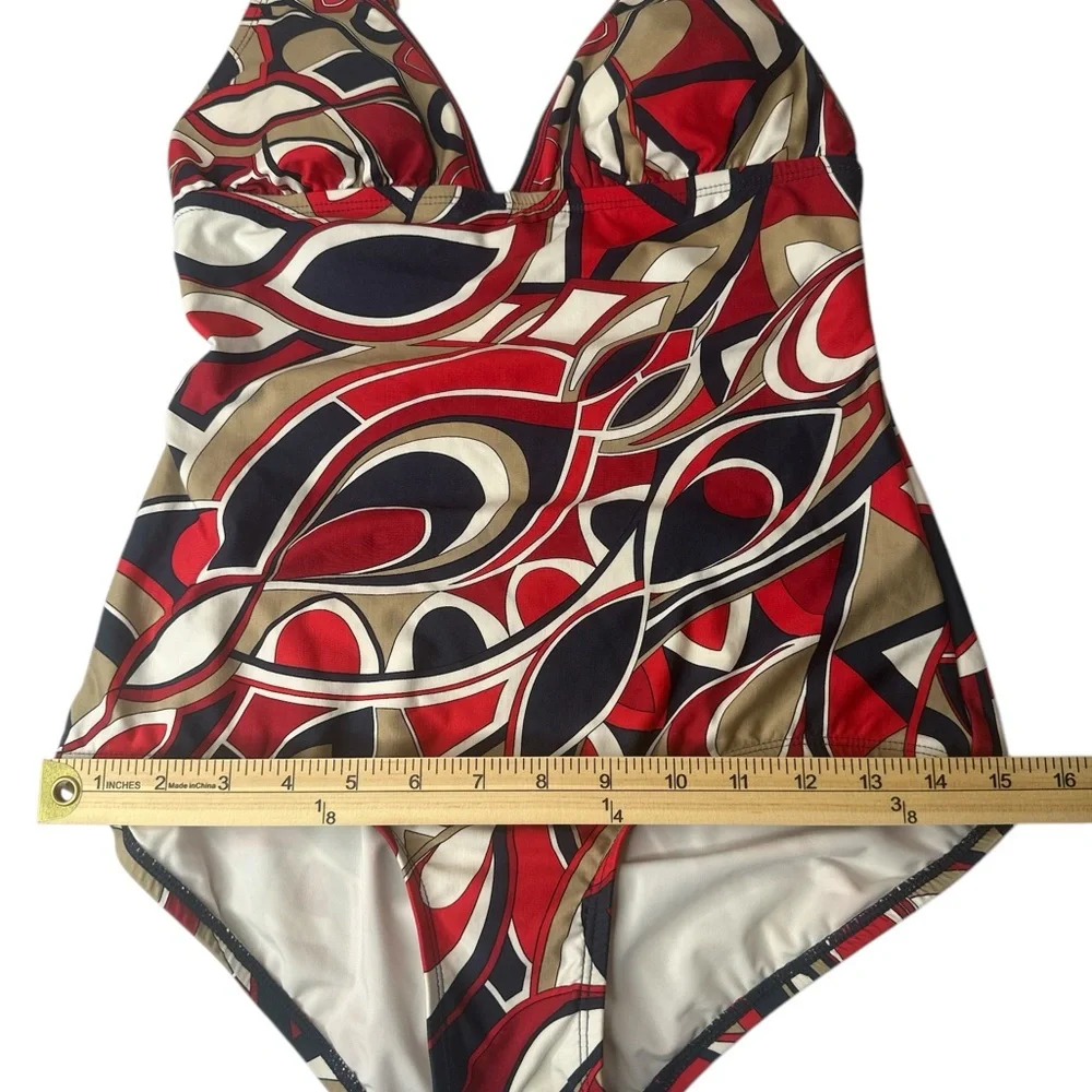 Michael Korhs Red, White & Blue Geometric Psychedelic One Piece Swimsuit Size 10